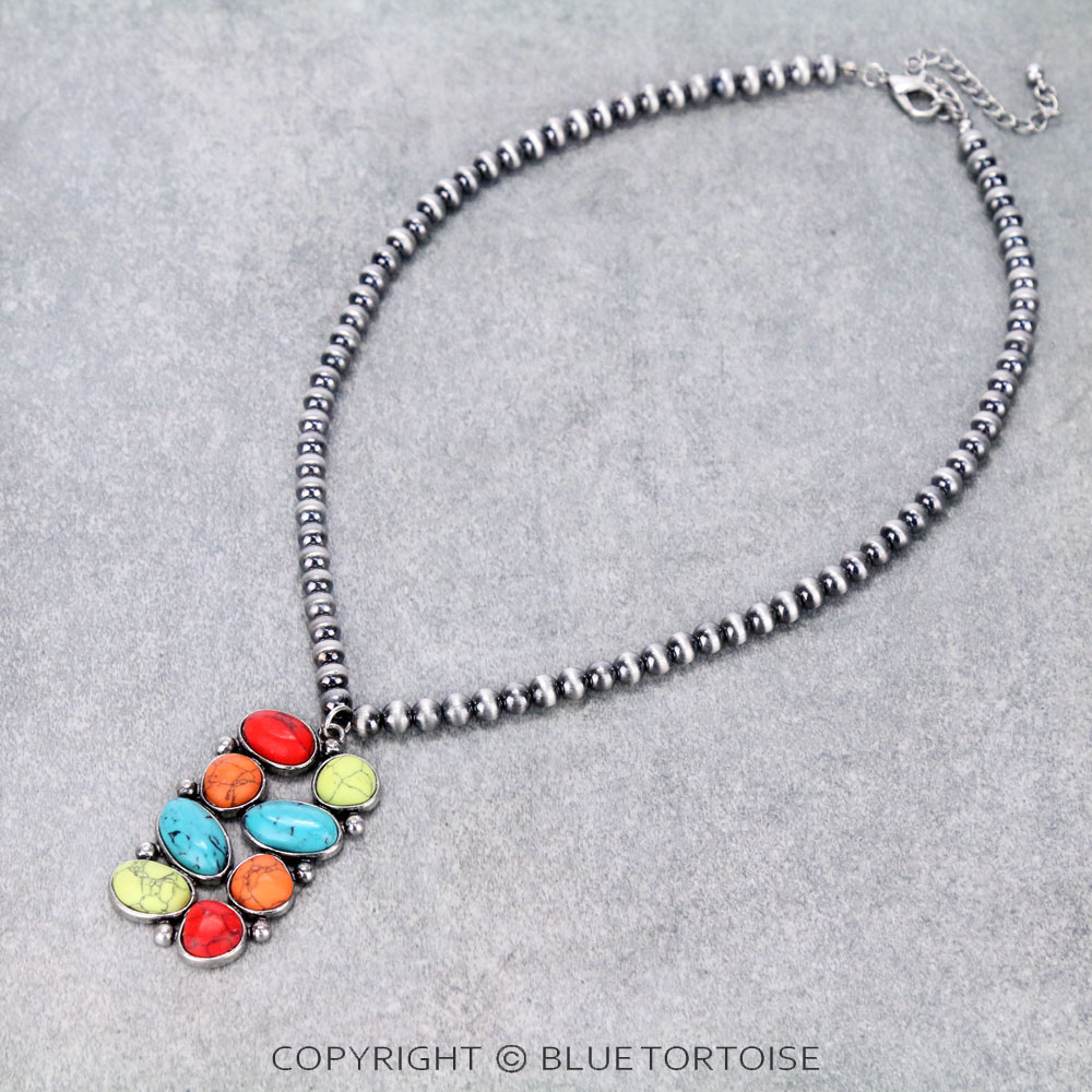 Western Geometric Stone Pendant with Navajo Style Pearl Necklace