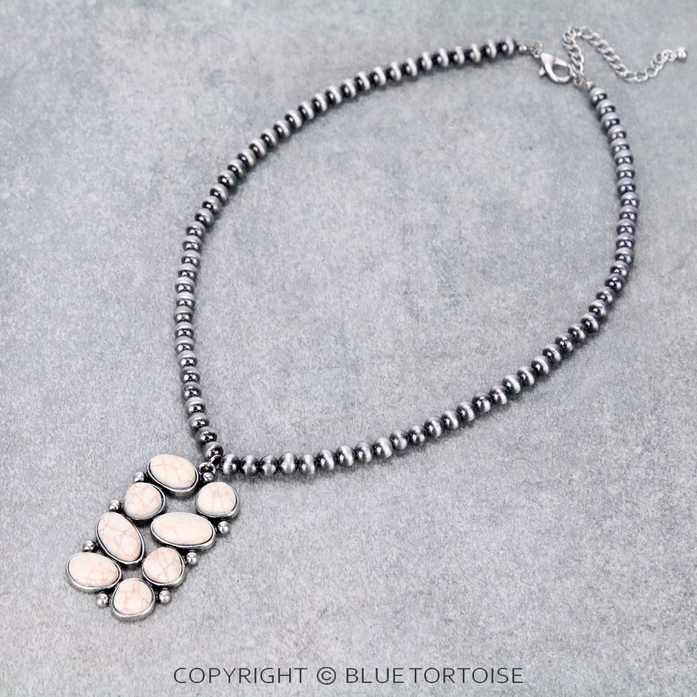 Western Geometric Stone Pendant with Navajo Style Pearl Necklace