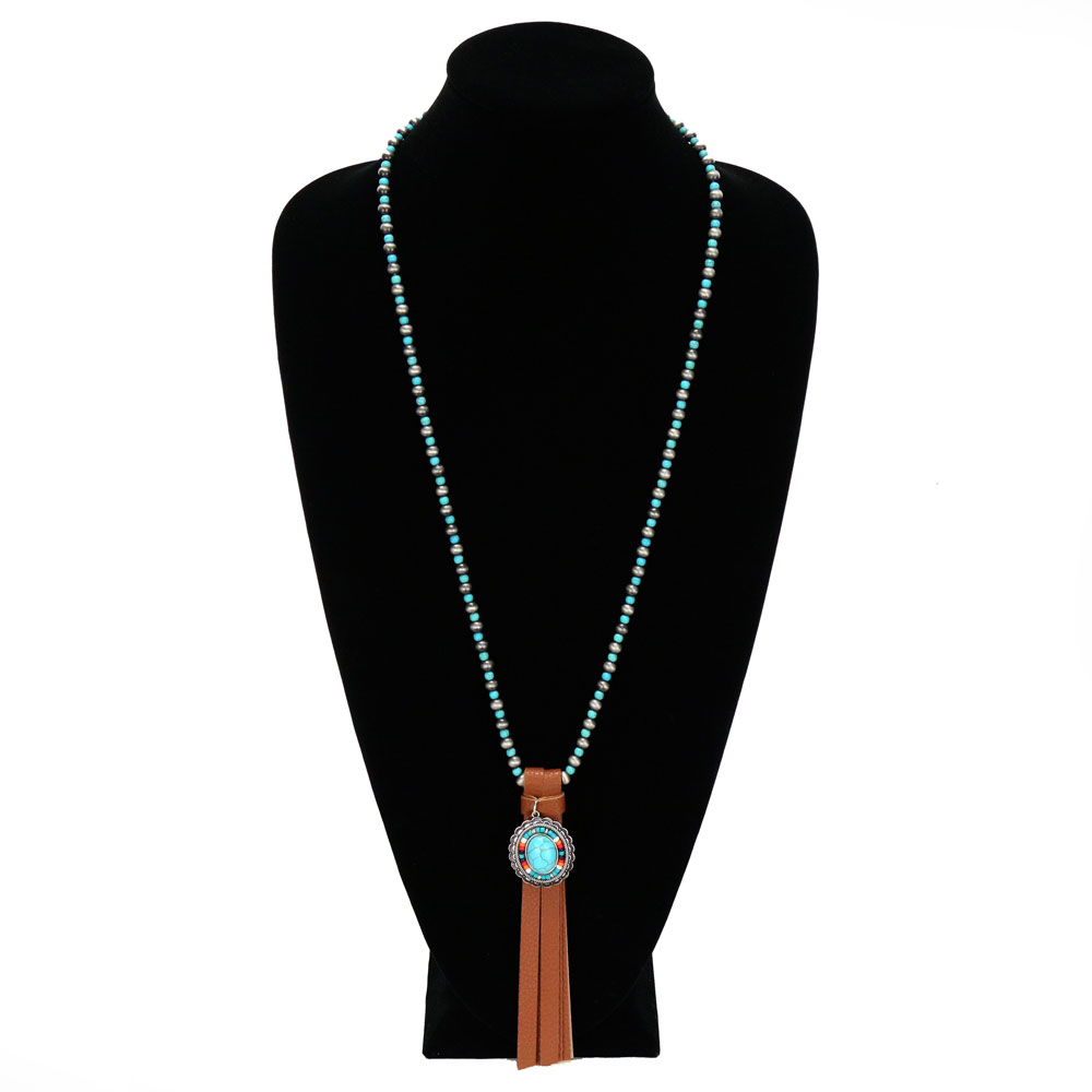 Navajo Style Pearl with Concho Pendant Tassel Necklace - Image 2
