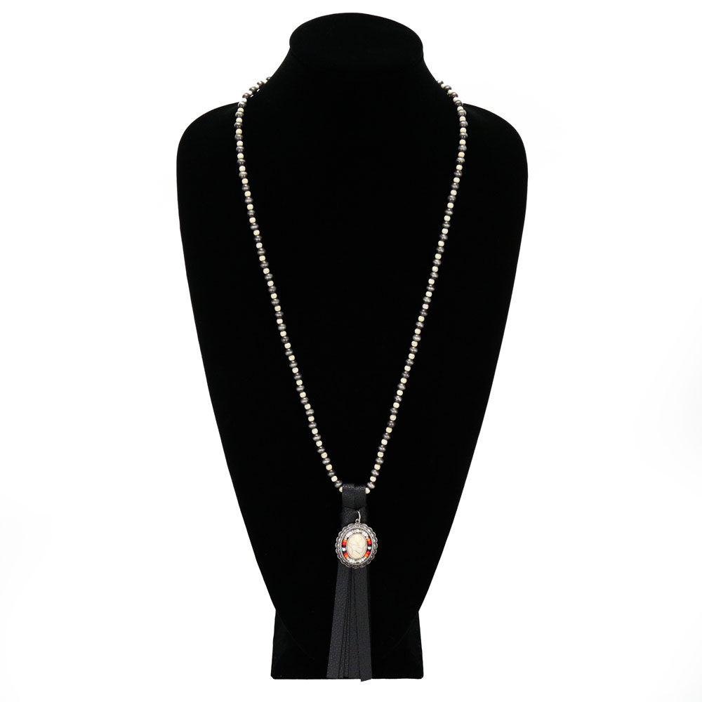 Navajo Style Pearl with Concho Pendant Tassel Necklace - Image 2