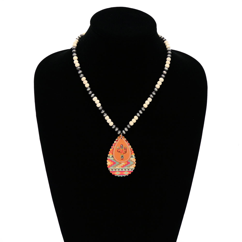 Western Cactus Cut Out with Wood Teardrop Pendant Necklace - Image 2