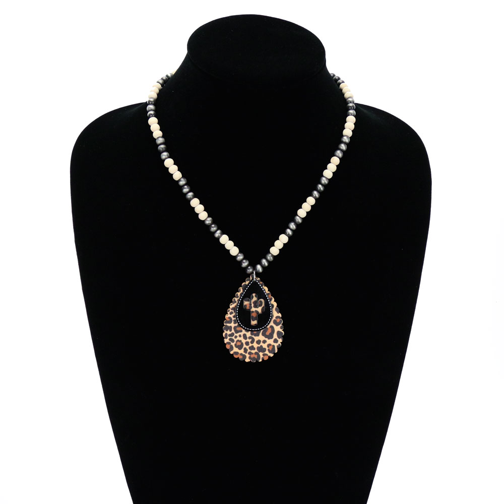 Western Cactus Cut Out with Wood Teardrop Pendant Necklace - Image 2