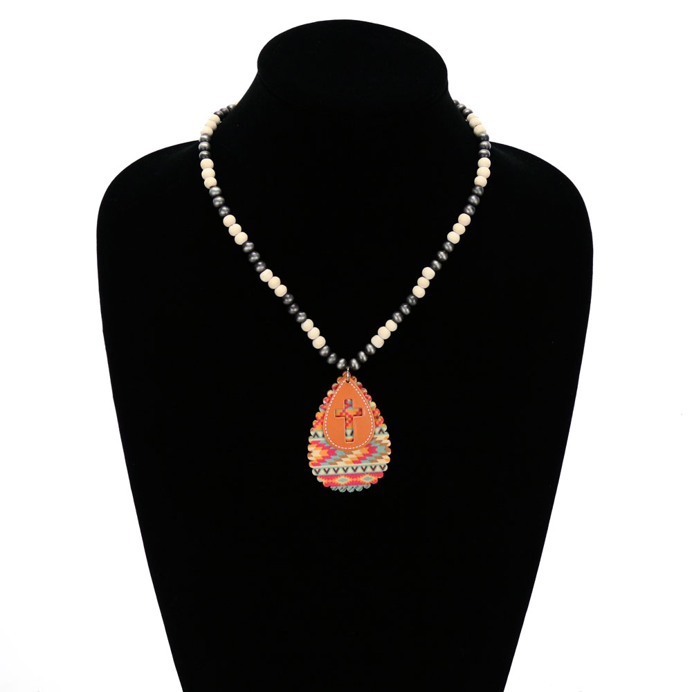 Western Cross Cut Out with Wood Teardrop Pendant Necklace - Image 2