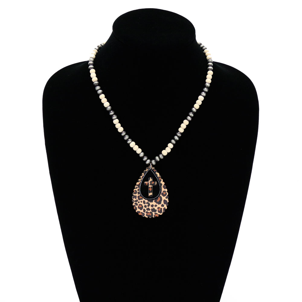 Western Cross Cut Out with Wood Teardrop Pendant Necklace - Image 2
