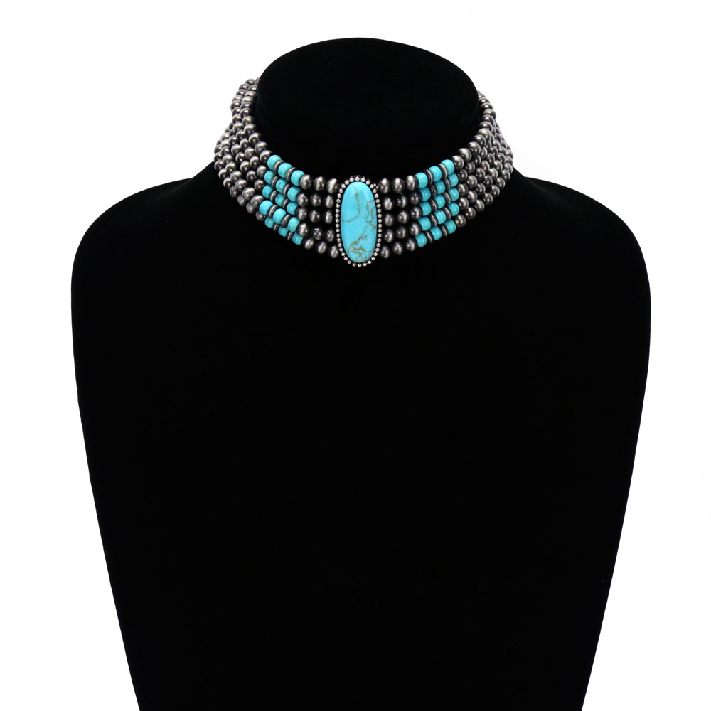 Navajo Style Pearl with Oval Stone Choker - Image 2