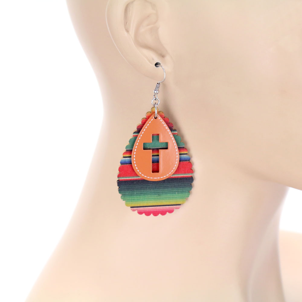 Western Cross Cut Out with Wood Teardrop Dangle Earrings - Image 2