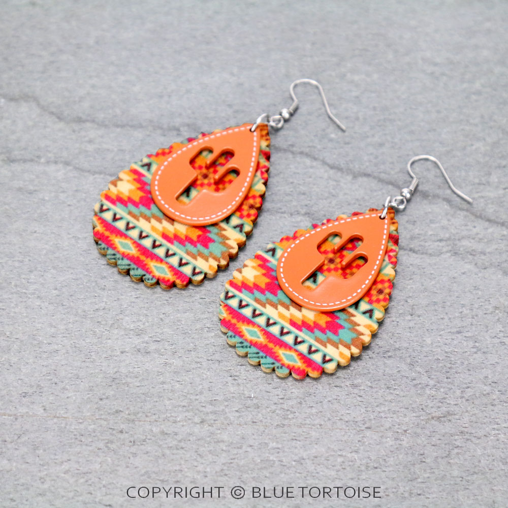 Western Cactus Cut Out with Wood Teardrop Dangle Earrings