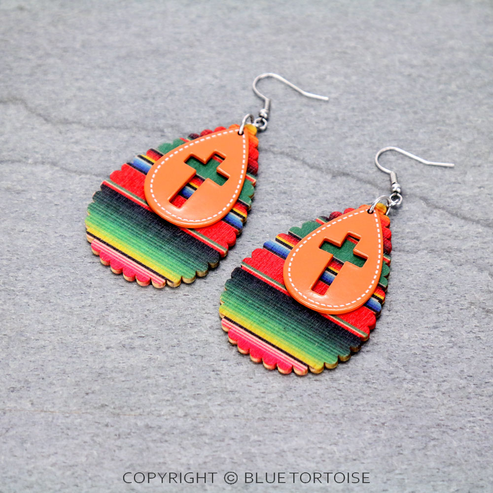 Western Cross Cut Out with Wood Teardrop Dangle Earrings