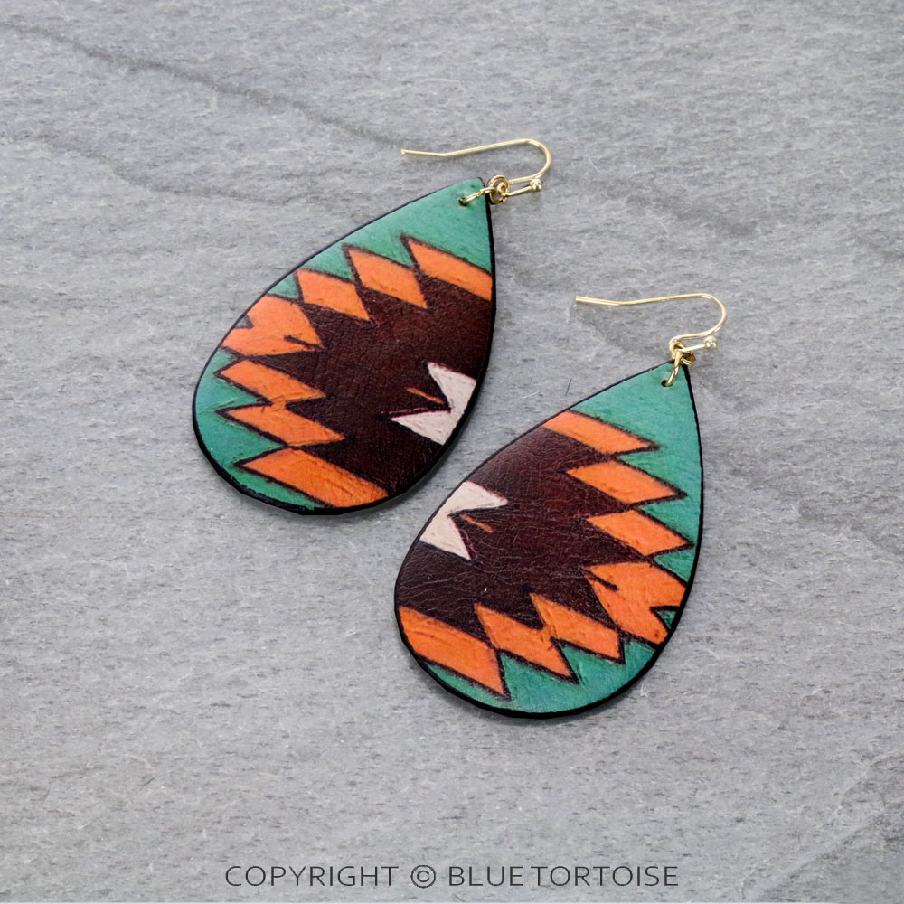 Aztec Printed Teardrop Leather Dangle Earrings