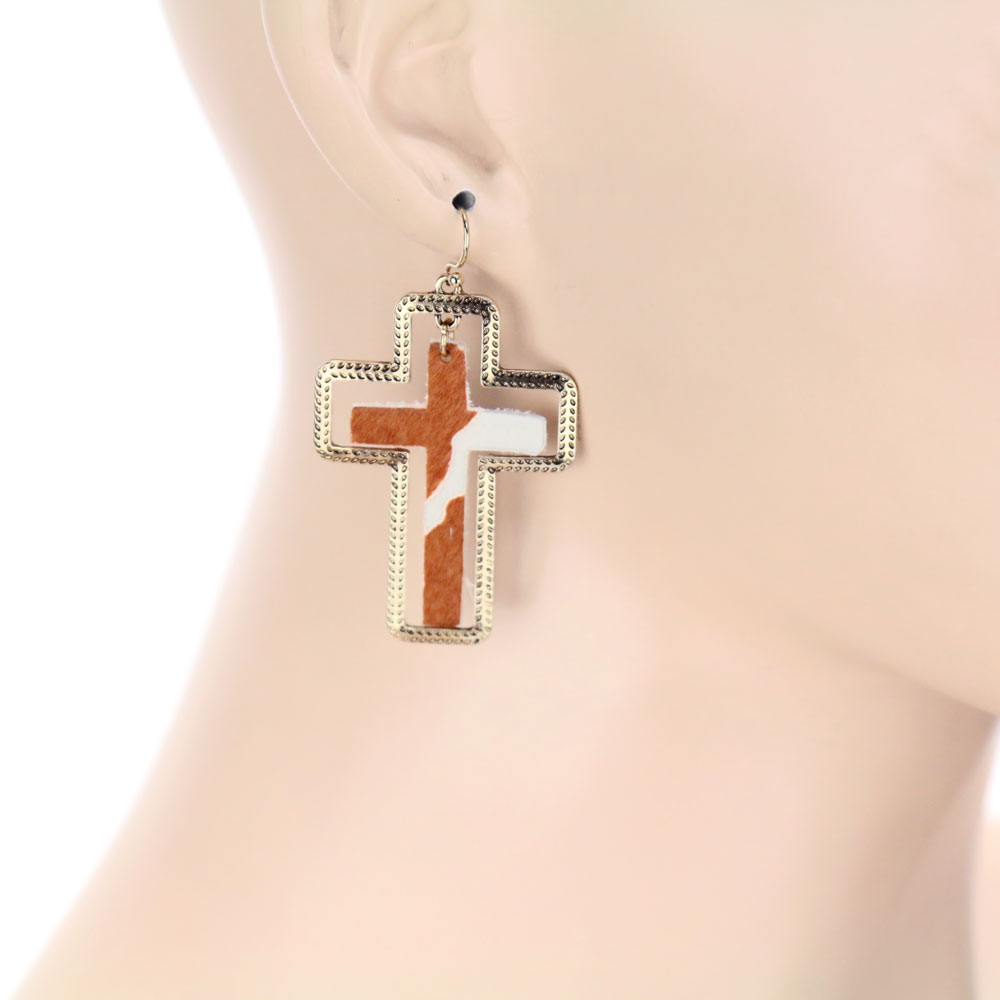 Genuine Leather Cross Dangle Earrings - Image 2