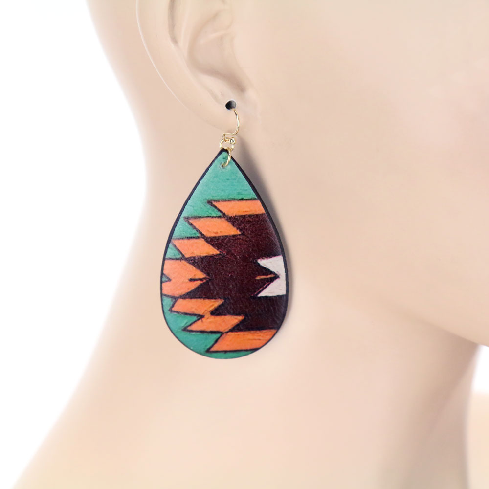 Aztec Printed Teardrop Leather Dangle Earrings - Image 2