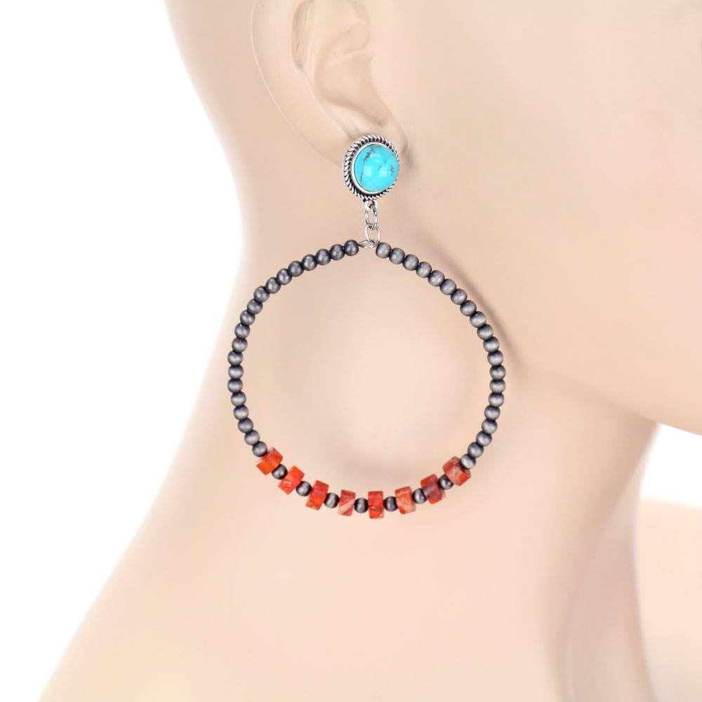 3.3" Long, Graduated Natural Gemstone Hoop Post Earrings - Image 2