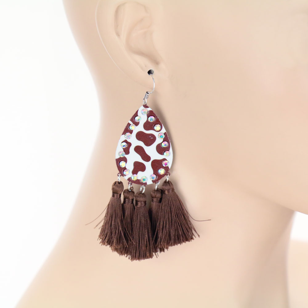 Cow Printed Teardrop with Tassel Dangle Earrings - Image 2