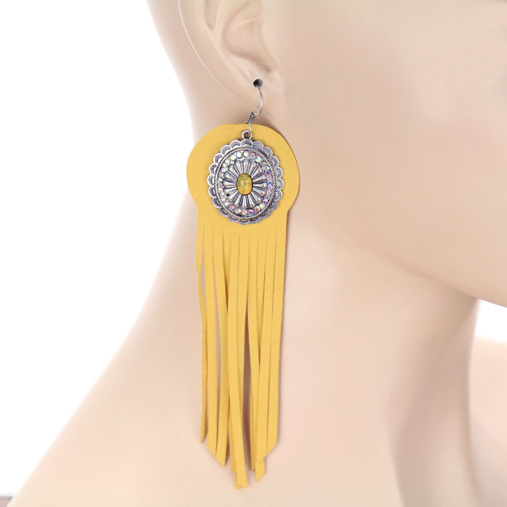 Concho Stone with Leather Tassel Dangle Earrings - Image 2