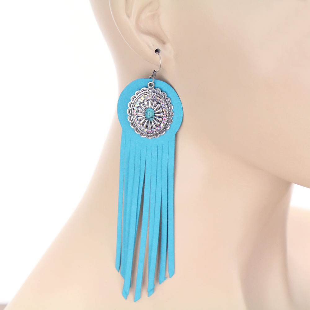 Concho Stone with Leather Tassel Dangle Earrings - Image 2