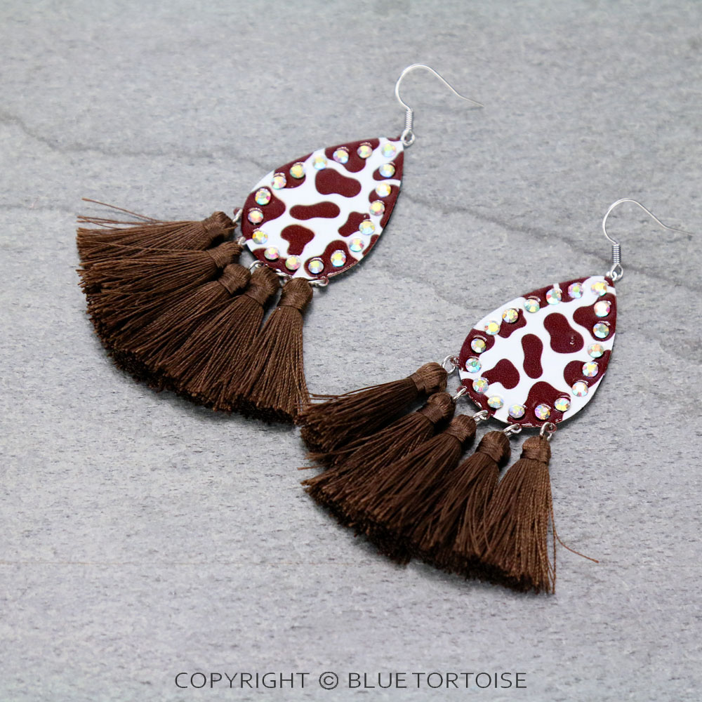 Cow Printed Teardrop with Tassel Dangle Earrings