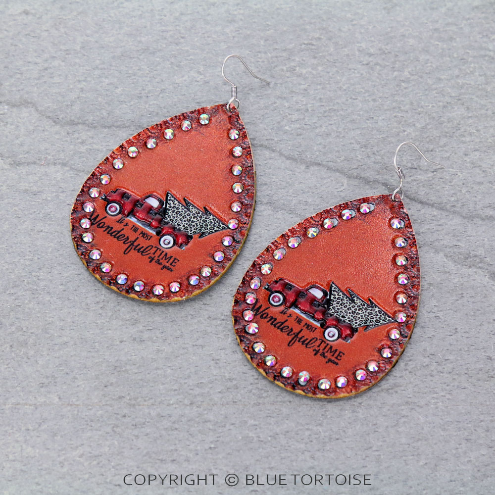 Christmas Tree Teardrop Leather Dangle Earrings