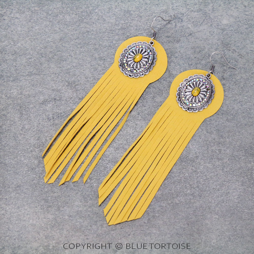 Concho Stone with Leather Tassel Dangle Earrings
