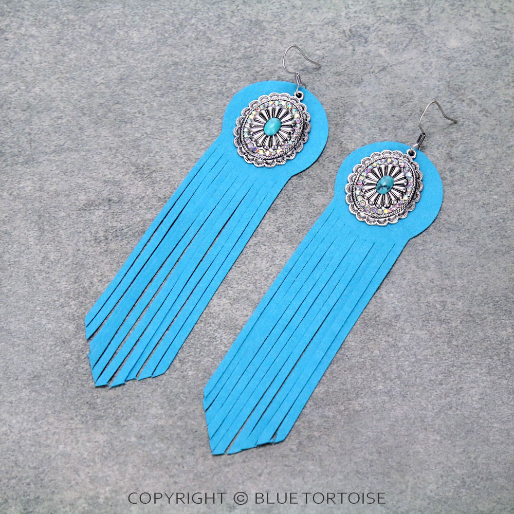 Concho Stone with Leather Tassel Dangle Earrings