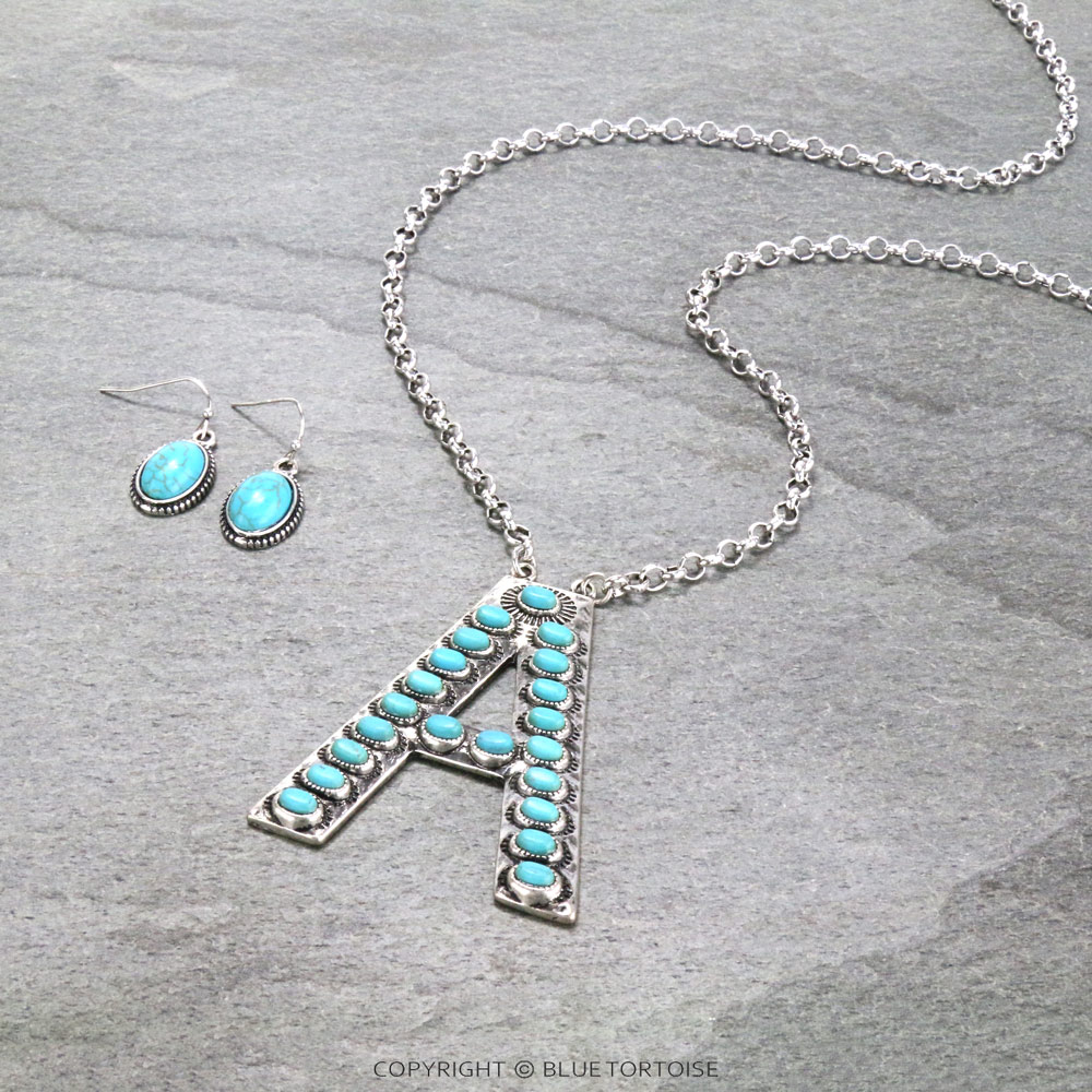 Initial “A” Stone Pendant Necklace Set
