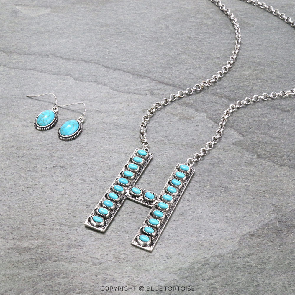 Initial “H” Stone Pendant Necklace Set