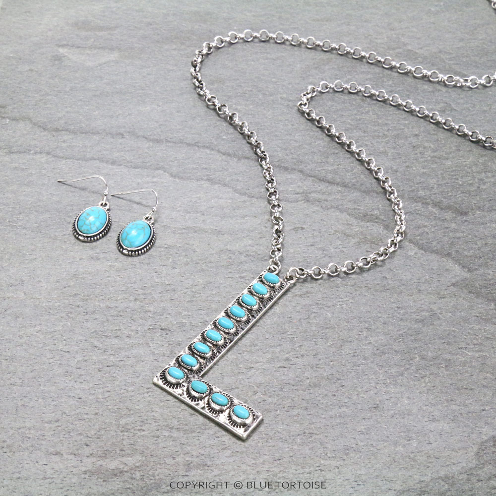 Initial “L” Stone Pendant Necklace Set
