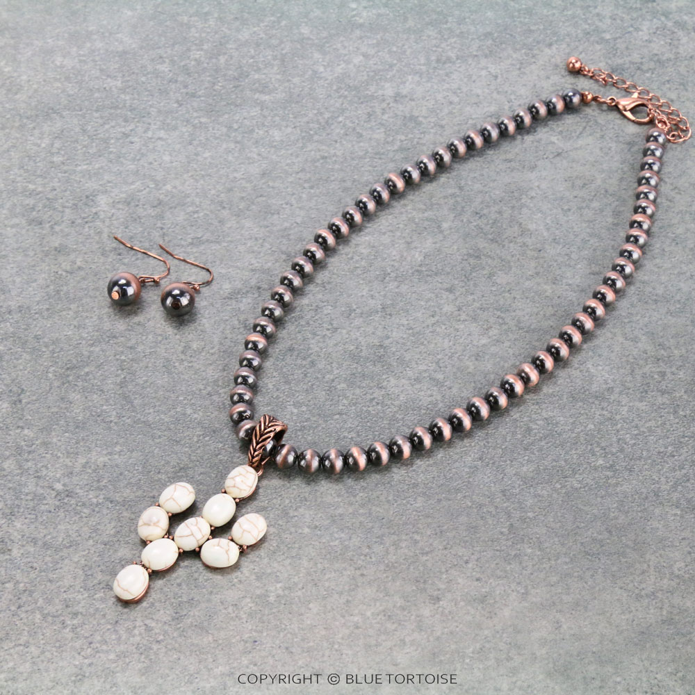 Metallic Pearl with Cactus Pendant Necklace Set