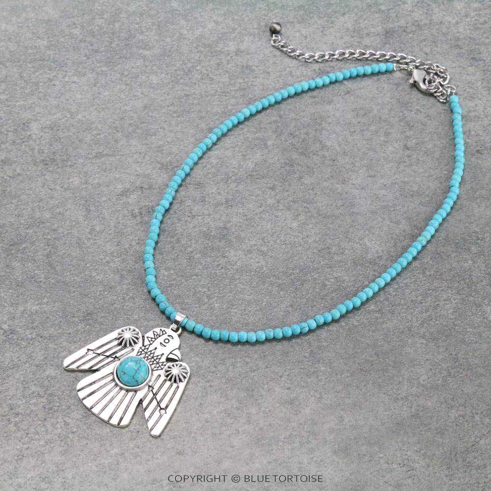 16" Long, Tiny 4mm Turquoise Bead Necklace, Thunderbird Natural Stone Pendant