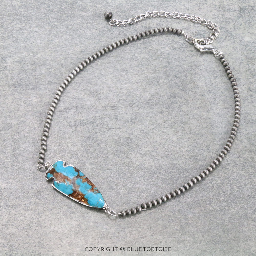 15" Long, Tiny 4mm Navajo Style Pearl Necklace, Arrowhead Bezel Setting Natural Gemstone Pendant