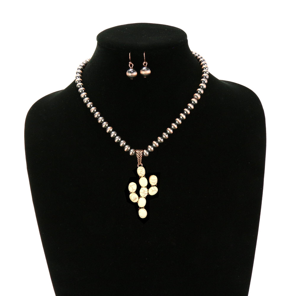 Metallic Pearl with Cactus Pendant Necklace Set - Image 2