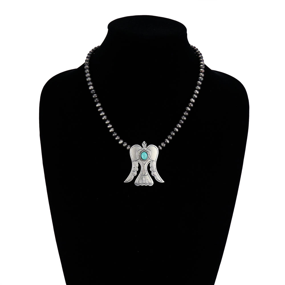16" Long, 6mm Navajo Style Pearl Squash Blossom Naja Style Natural Stone Necklace - Image 2