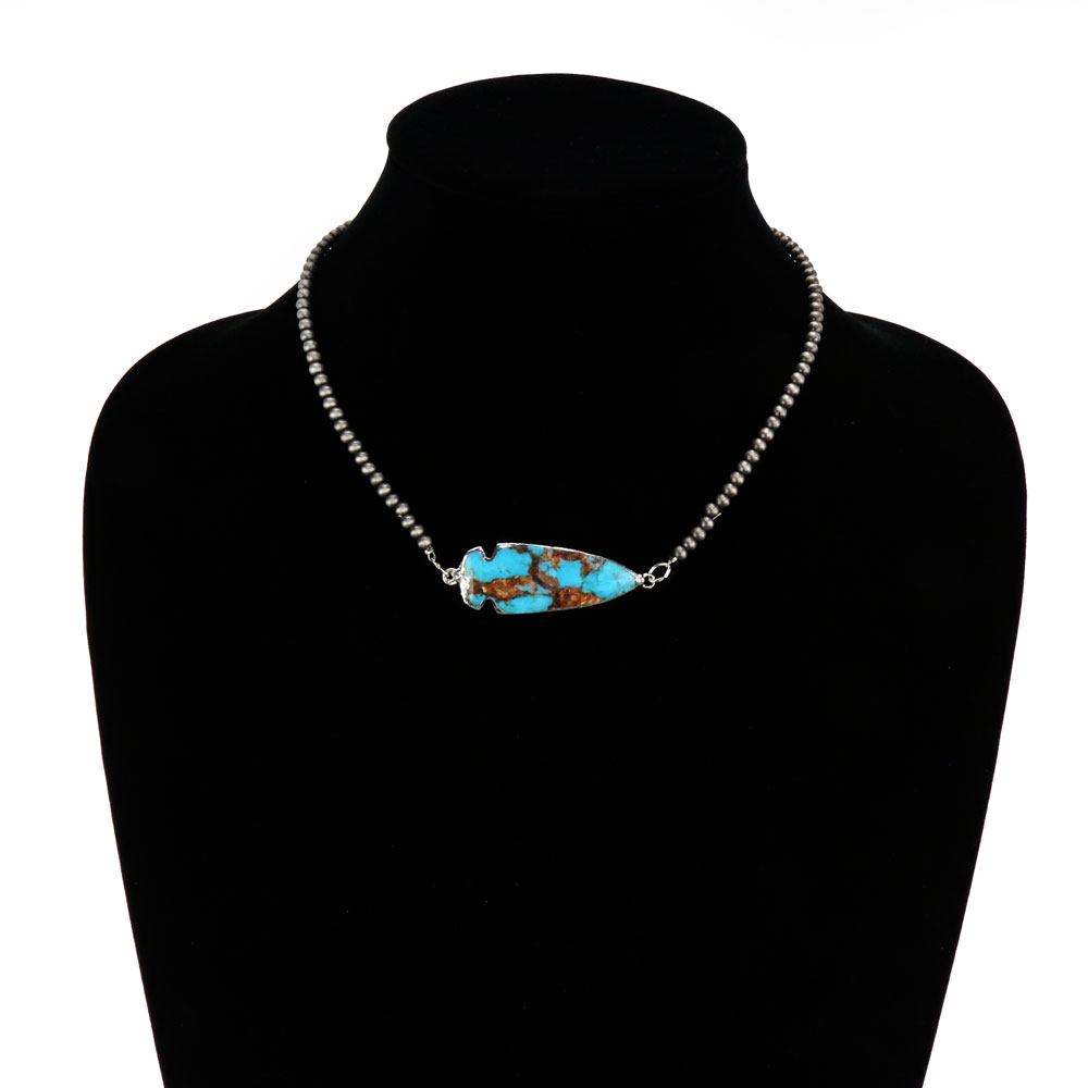 15" Long, Tiny 4mm Navajo Style Pearl Necklace, Arrowhead Bezel Setting Natural Gemstone Pendant - Image 2