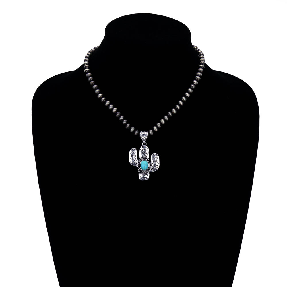 Navajo Style Pearl with Cactus Pendant Necklace Set - Image 2