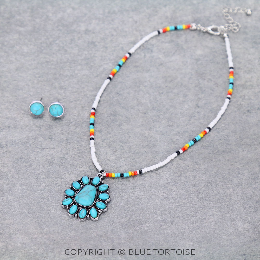 Western Concho Stone Seed Bead Choker Necklace Set