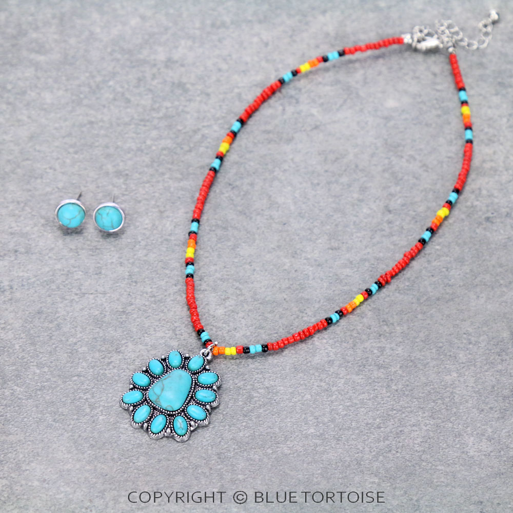 Western Concho Stone Seed Bead Choker Necklace Set