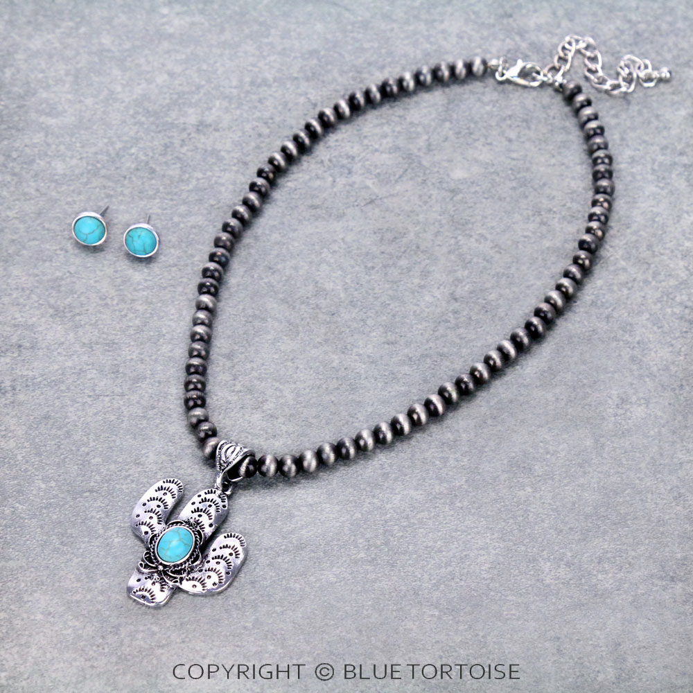 Navajo Style Pearl with Cactus Pendant Necklace Set