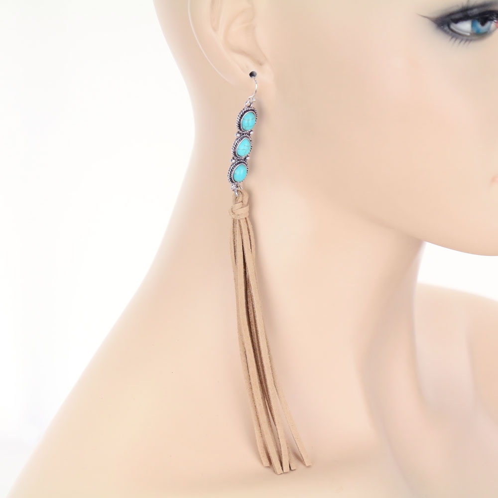 Western Design Stone with Suede Tassel Dangle Earrings - Image 2