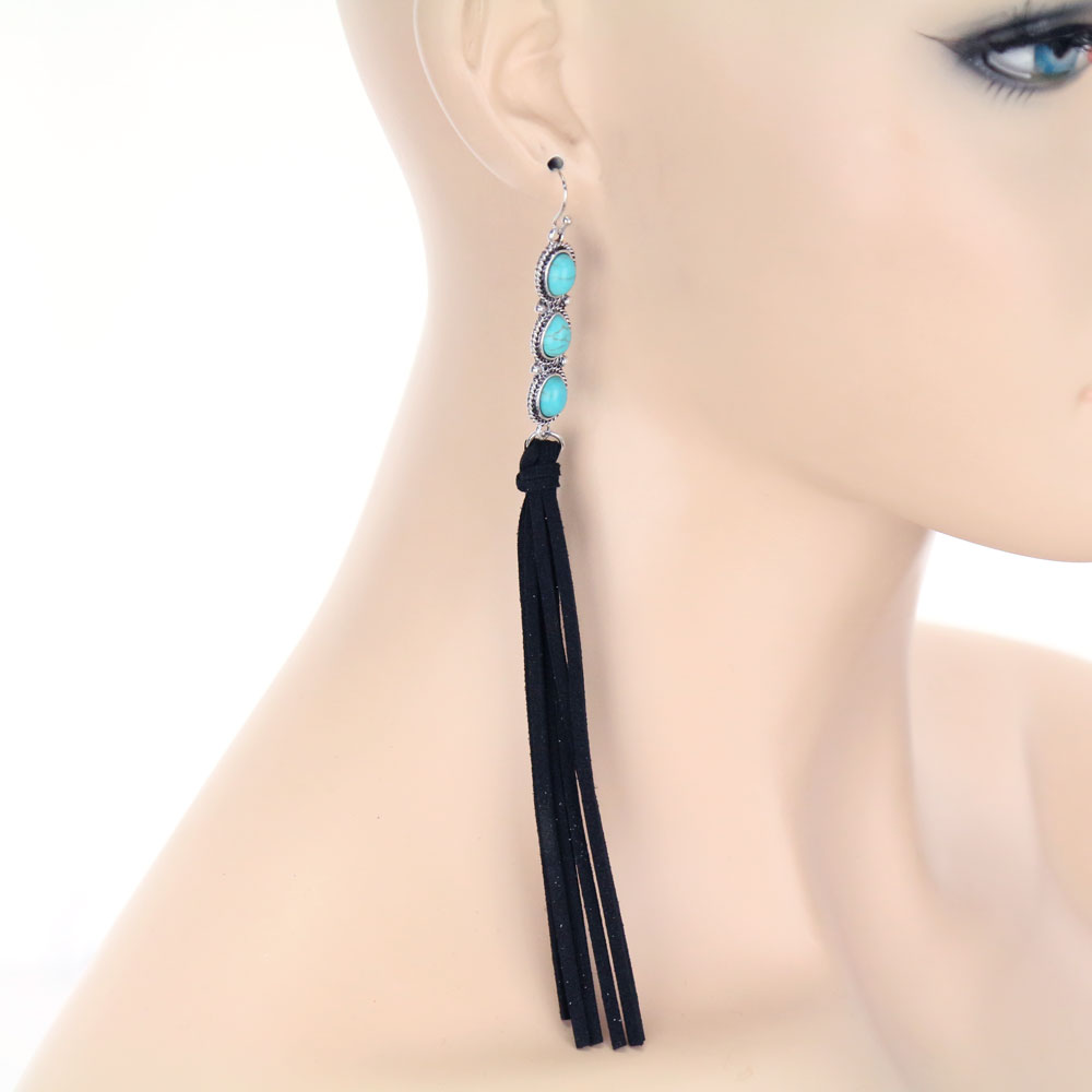 Western Design Stone with Suede Tassel Dangle Earrings - Image 2