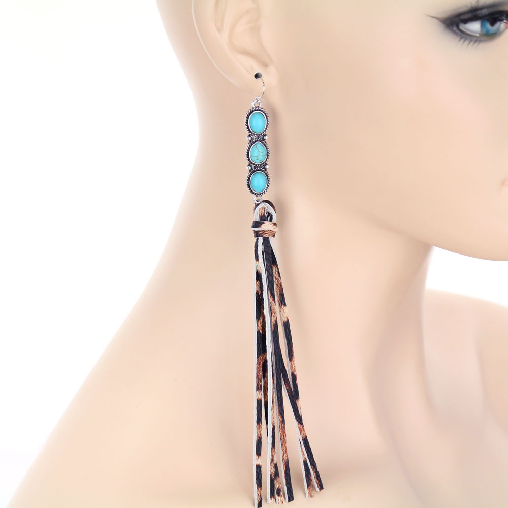 Western Design Stone with Suede Tassel Dangle Earrings - Image 2