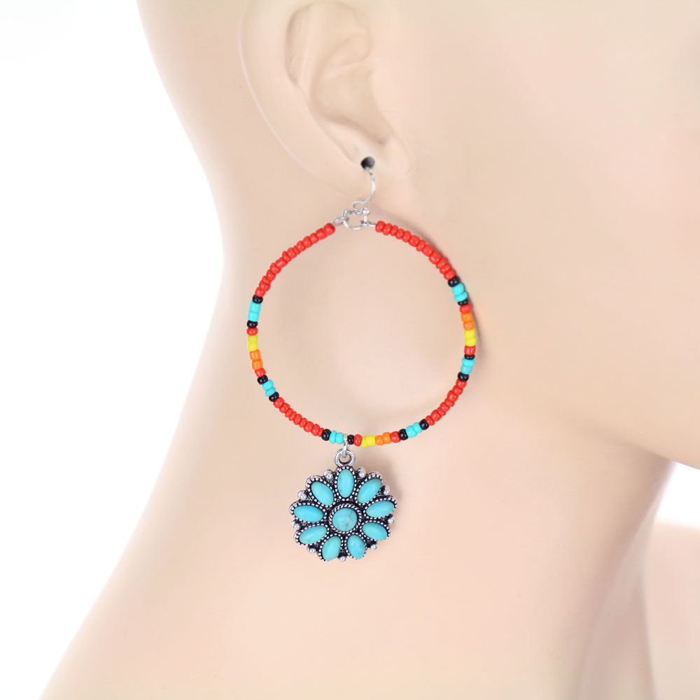 Western Seed Bead Concho Stone Dangle Earrings - Image 2