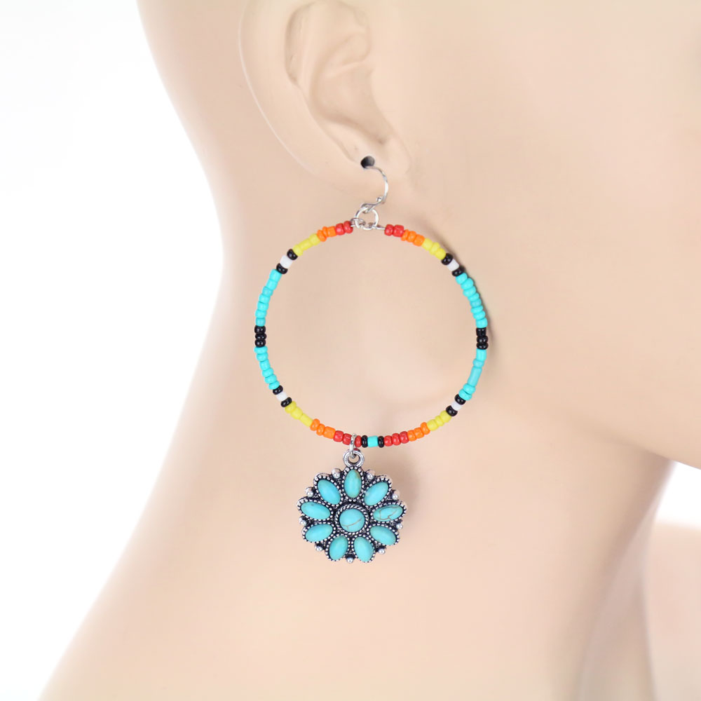 Western Seed Bead Concho Stone Dangle Earrings - Image 2
