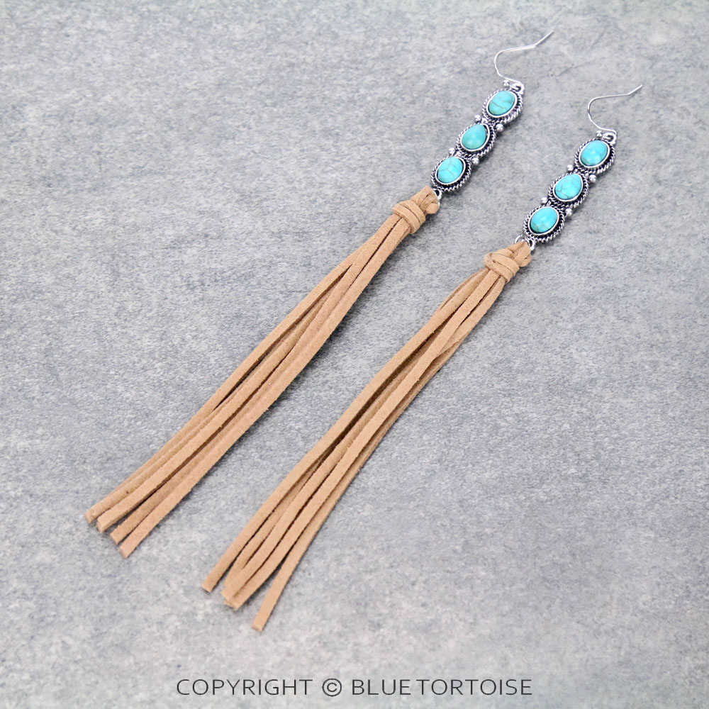 Western Design Stone with Suede Tassel Dangle Earrings