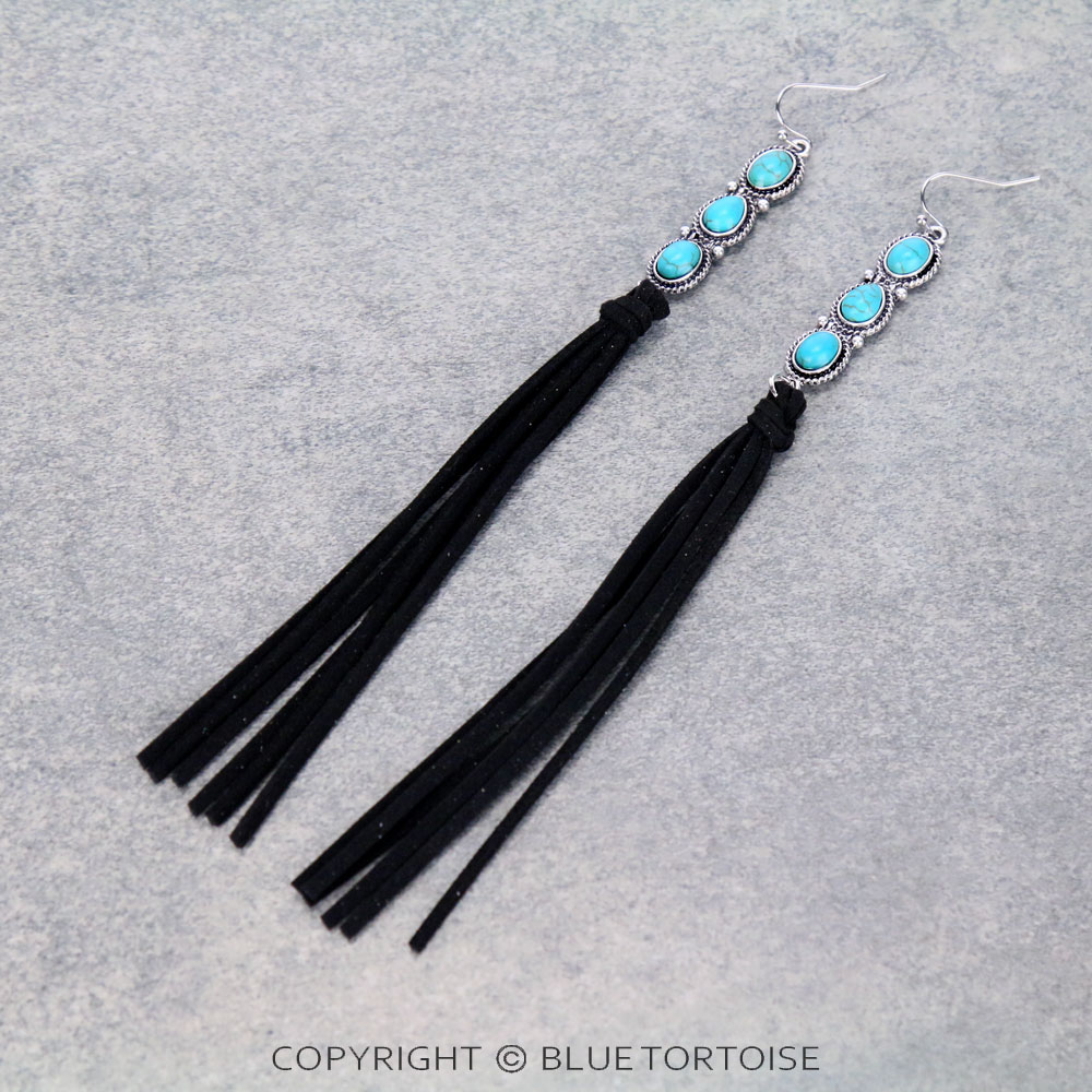 Western Design Stone with Suede Tassel Dangle Earrings