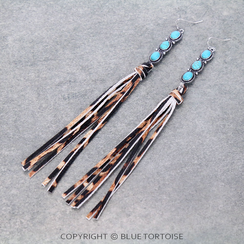 Western Design Stone with Suede Tassel Dangle Earrings