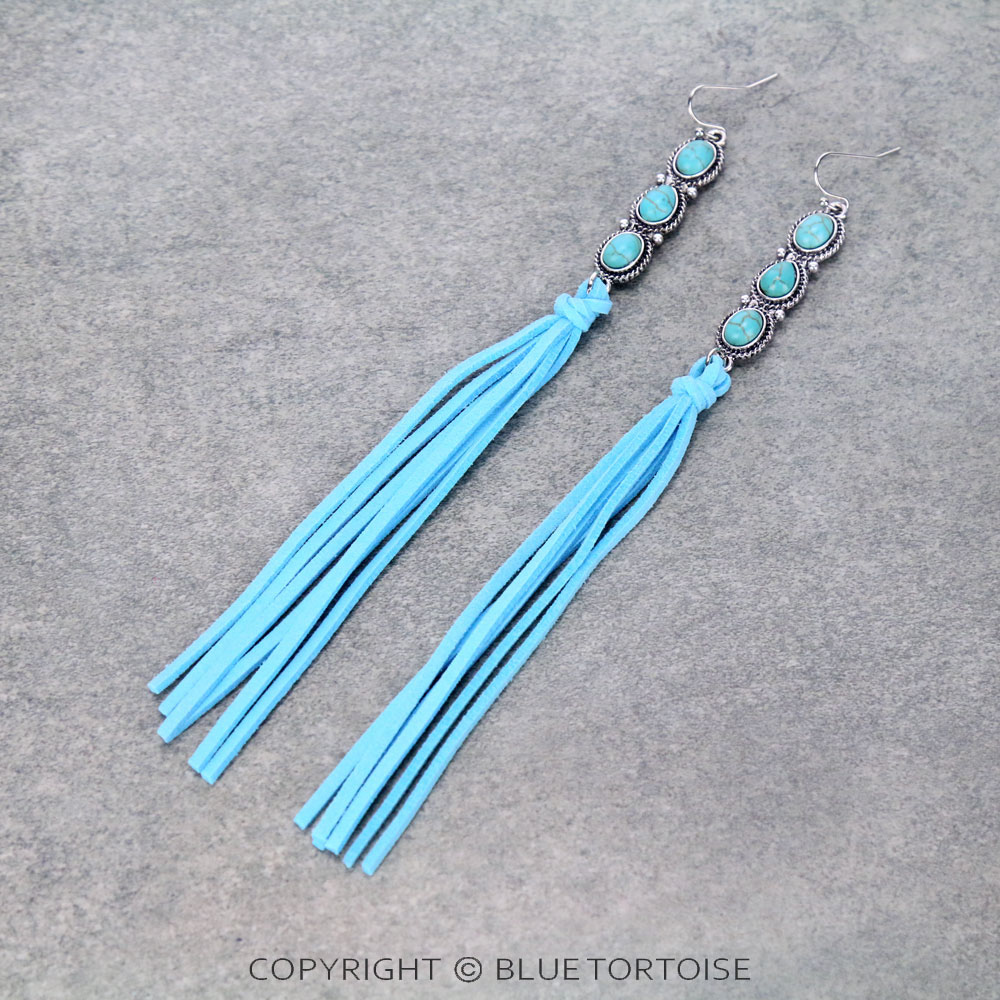 Western Design Stone with Suede Tassel Dangle Earrings