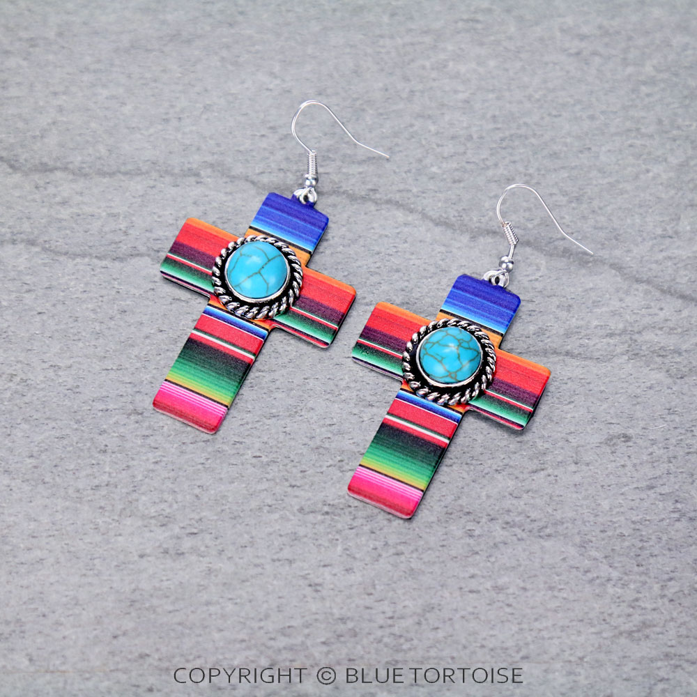 Western Serape Cross with Semi Stone Dangle Earrings