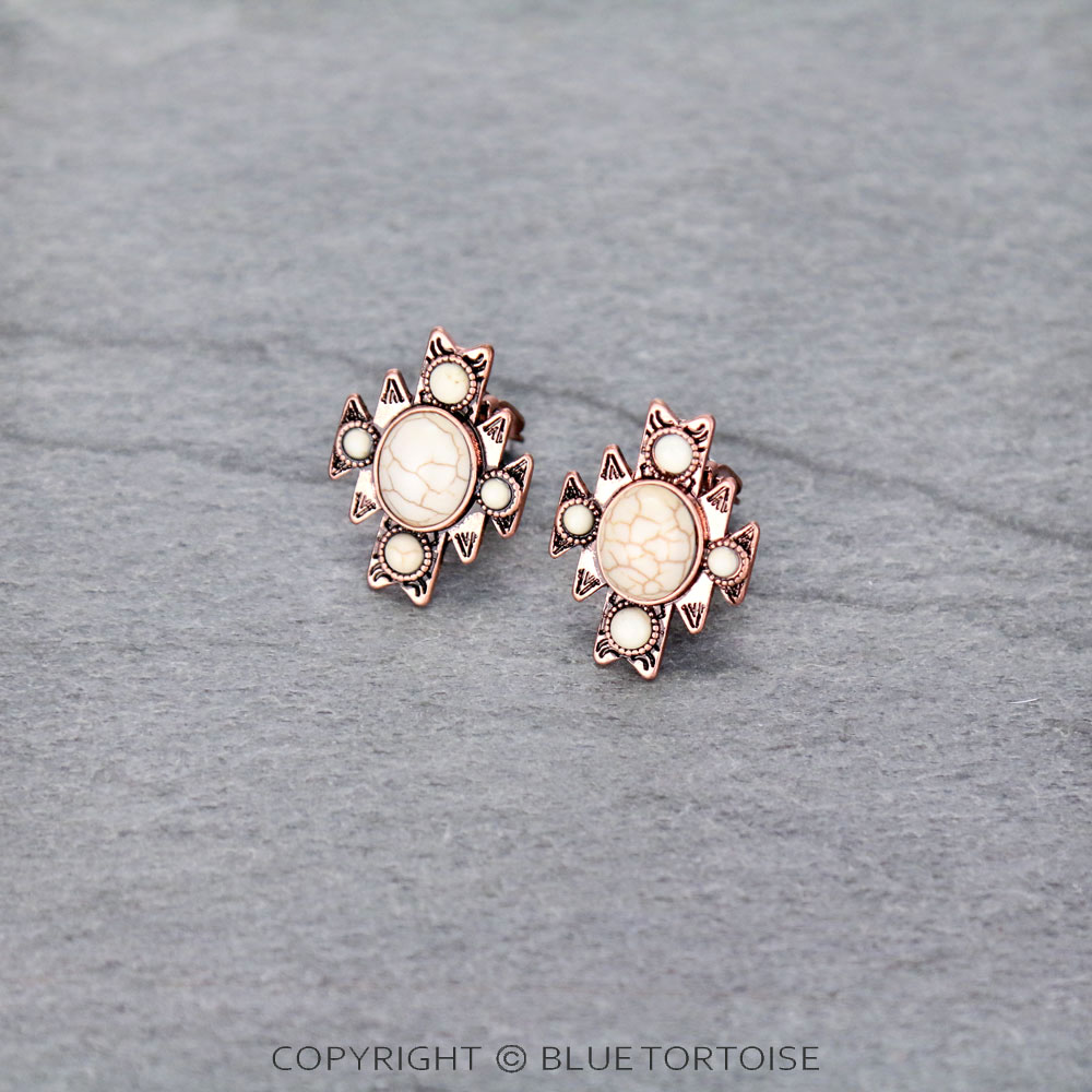 Western Aztec Design Stone Clip On Earrings