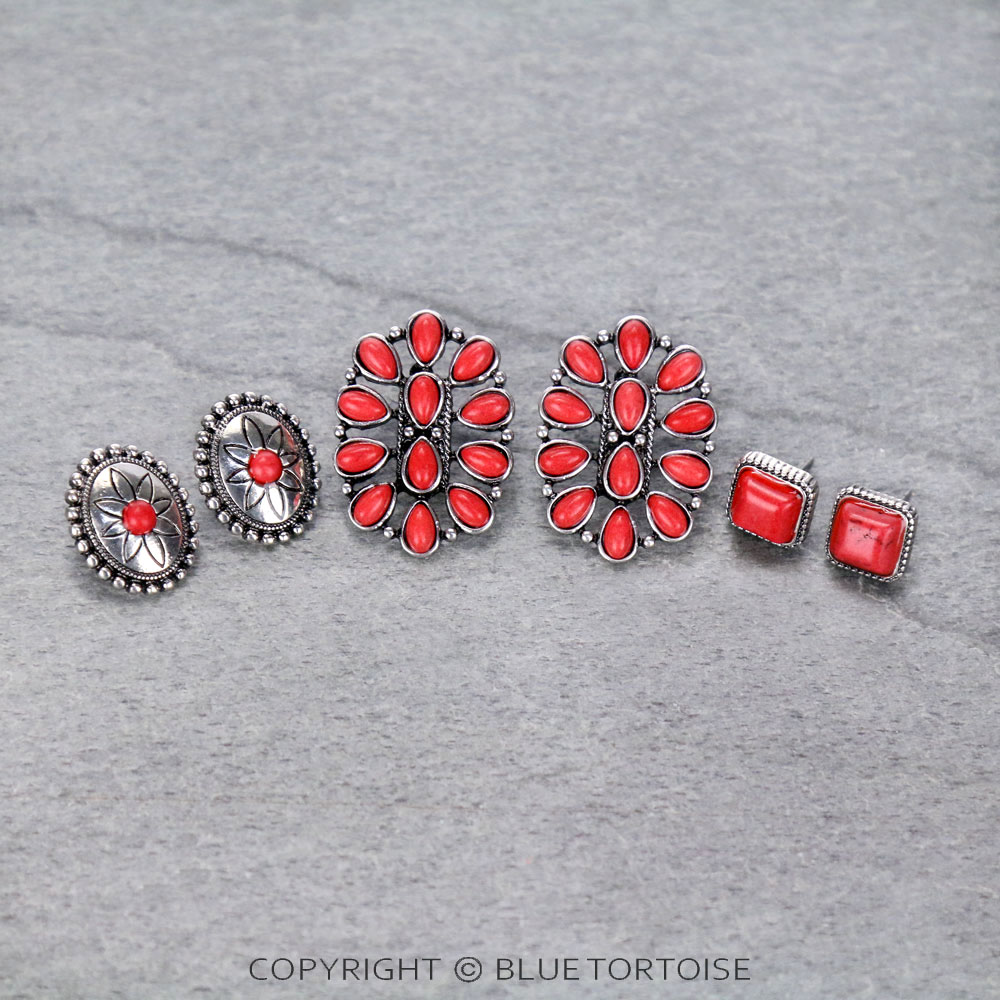 3 Pair Western Concho Stone Earring Set