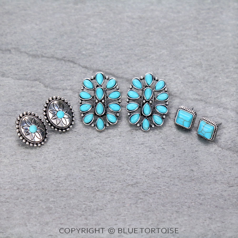 3 Pair Western Concho Stone Earring Set