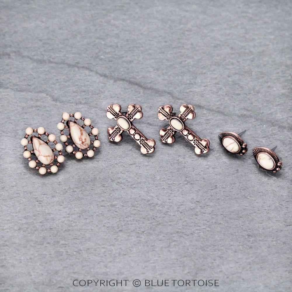 3 Pair Western Cross Stone Earring Set